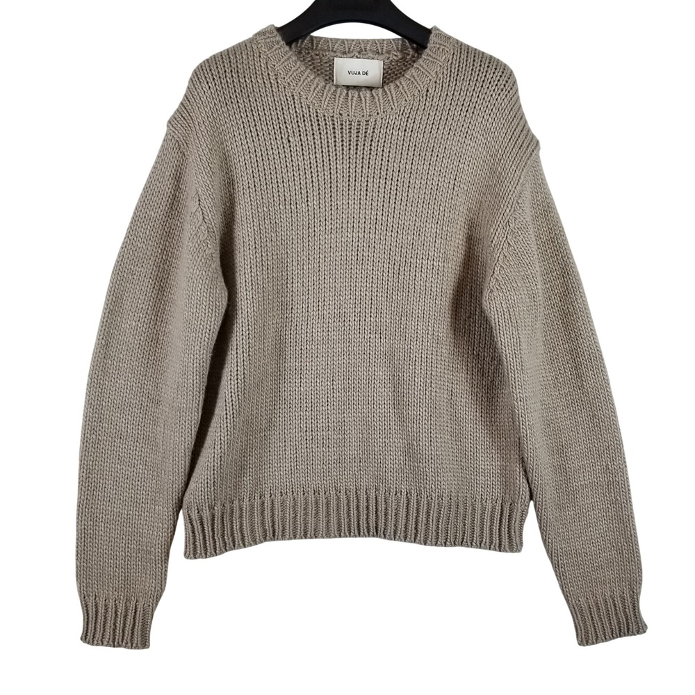 Vuja De Chunky Knit Sweater Mens‎ Size 3 L Taupe 100% Wool Ribbed Crewneck Heavy